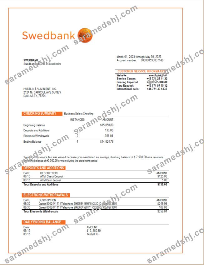 Swedbank business checking account statement Word and PDF template